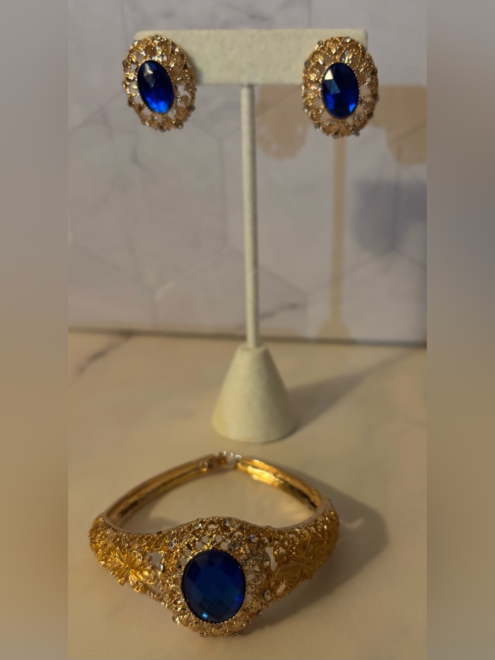 Gold and Blue Filigree Bracelet and Earring Set